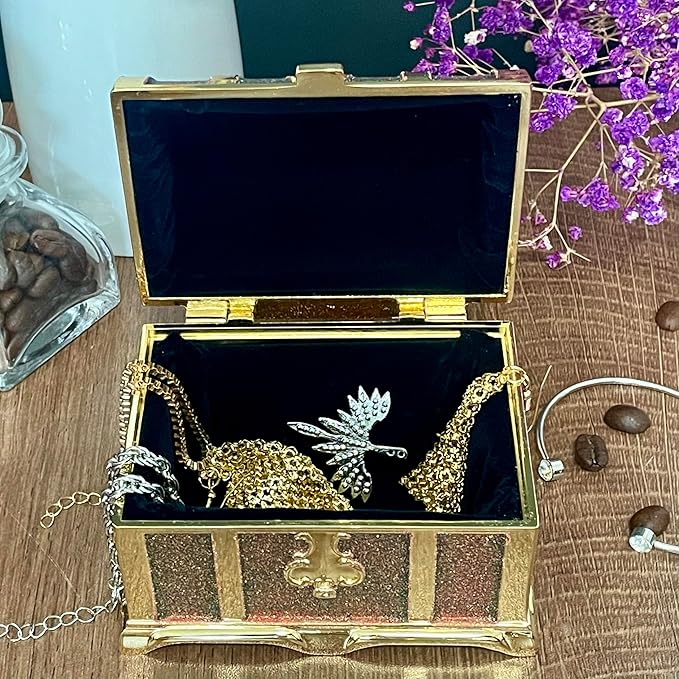 Retro Jewelry Box Arched Vintage Rectangular Metal Chest Necklace Ring Earrings Storage Case for Women Girls (Golden Starlight Red, M) - Image 2