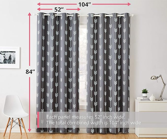 HLC.ME Arrow Printed Blackout Room Darkening Thermal Grommet Window Curtain Drape Panels for Bedroom - Set of 2 - Grey - 84" inch Long - Image 3