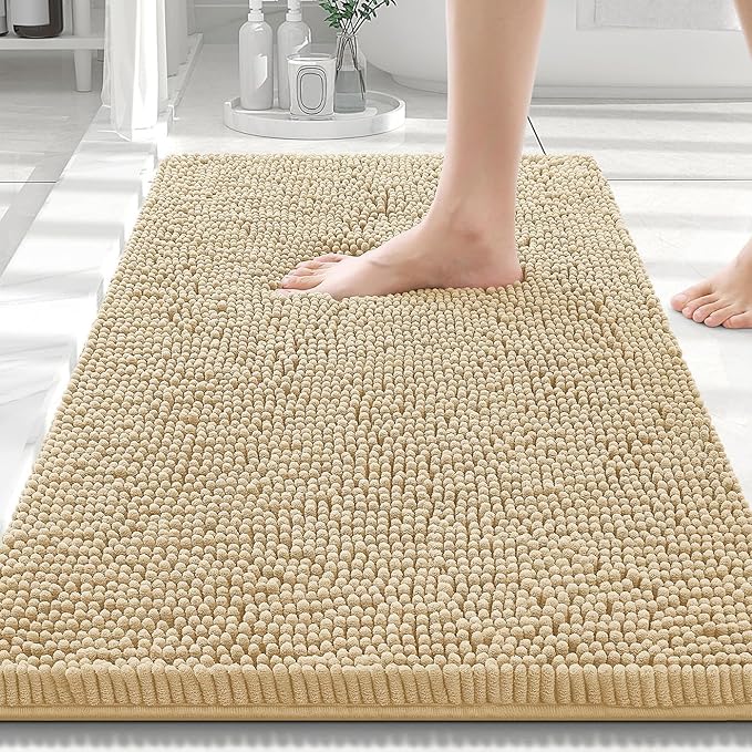 Smiry Luxury Chenille Bathroom Rugs 30x20, Extra Soft and Absorbent Shaggy Bath Mat, Machine Washable, Non-Slip Plush Carpet Runner for Tub, Shower, and Floor, Home Decor Accessories, Beige by Smiry