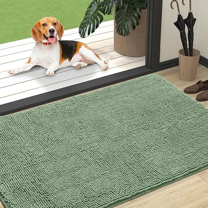 OLANLY Dog Door Mat for Muddy Paws 47x32, Absorbs Moisture and Dirt, Absorbent Non-Slip Washable Doormat, Quick Dry Chenille Mud Mat, Entry Indoor Entryway Carpet for Inside Floor, Olive Green by OLANLY