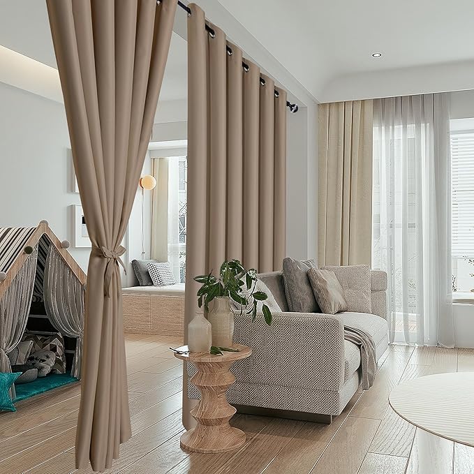 Hiasan Sliding Glass Door Blackout Curtains for Privacy,Thermal Insulated Grommet Curtain for Room Divider,Shared Office Space,Apartment,1 Drape Panels Sewn with Tiebacks,8.3ft Wide x 7ft,Camel - Image 4