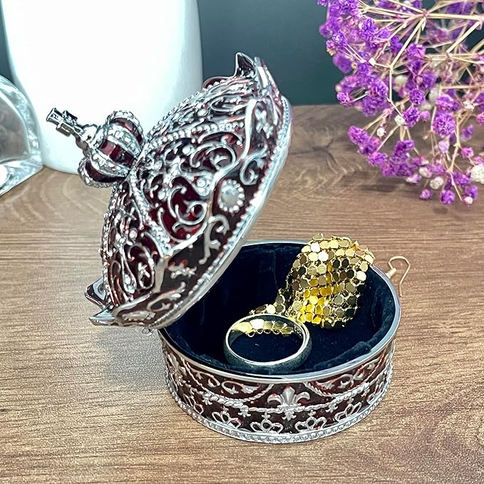 Crown Shape Jewelry Chest,Yurt Style Vintage Metal Gem Box,Round Alloy Retro Patterned Storage Case (Chrome Red, S) - Image 3