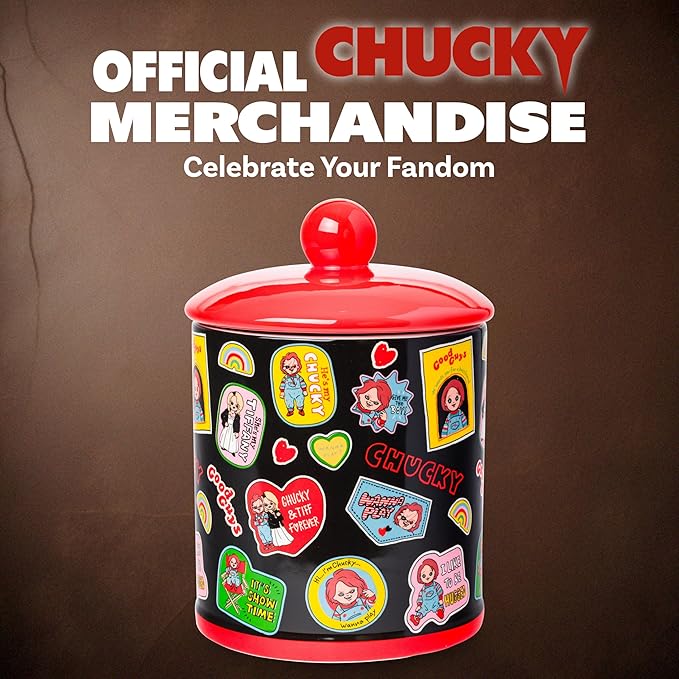 Silver Buffalo Chucky and Tiffany Sticker and Badges Pattern Ceramic Cookie Snack Jar (Large) - Image 6