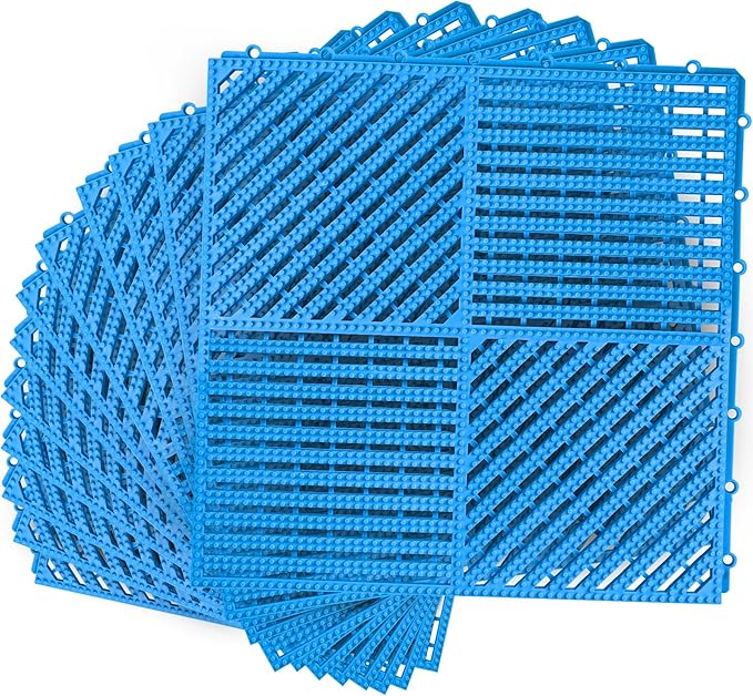 MYFAMIREA Modular Interlocking Cushion 12 Pack 11.8" x 11.8" Rubber Floor Tiles Non-Slip Splicing Drainage Mats for Deck, Pool, Shower, Patio, Balcony, Bathroom, Kitchen, Yard (2 Rows Dots, Blue) by MYFAMIREA