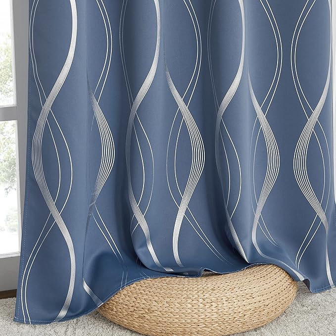 NICETOWN Bedroom Curtains Small Blackout Panels, Window Treatment Thermal Insulated Solid Grommet Blackout Wave Line Foil Print Design Curtains for Car Window (Stone Blue, Set of 2, 42 by 63 Inch) - Image 7