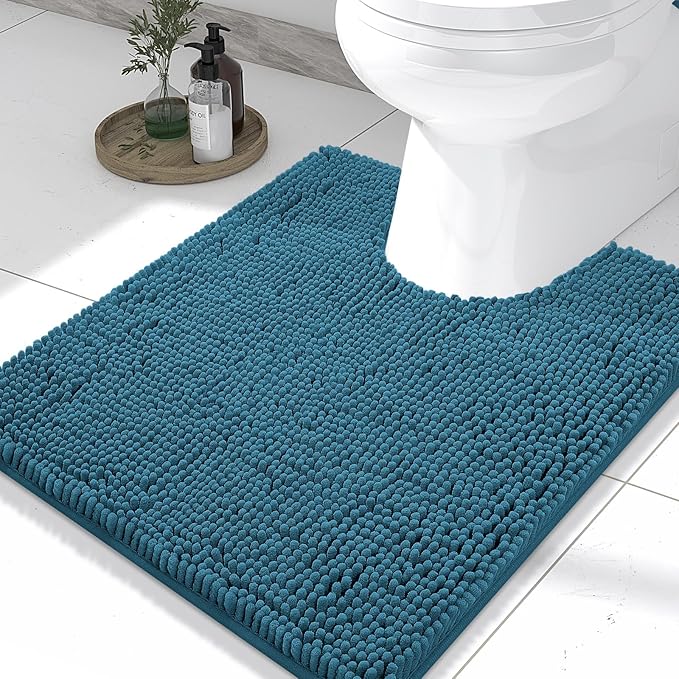 Smiry Luxury Chenille Toilet Rugs U-Shaped 24x20, Soft Absorbent Non-Slip Contour Bathroom Rugs for Toilet, Machine Washable Contoured Bath Mats, Peacock Blue by Smiry