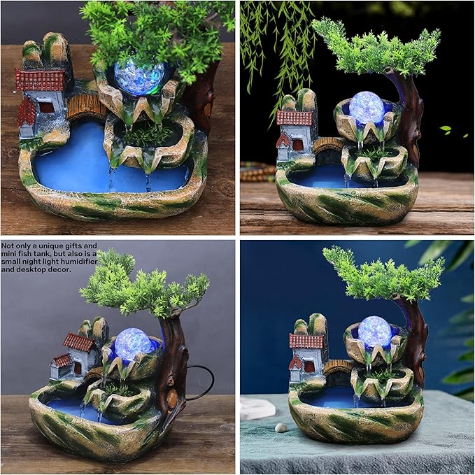 Small Bonsai Humidifier Mini Tabletop Waterfall Fountain with LED Color Night Light and Atomizer, Desktop Water Fountains Indoor Home Decor or Festival Birthday Gift for Girls Boys, 10 Inch - Image 3