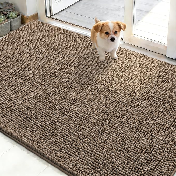 OLANLY Dog Door Mat for Muddy Paws 48x30, Absorbs Moisture and Dirt, Absorbent Non-Slip Washable Doormat, Quick Dry Chenille Mud Mat for Dogs, Entry Indoor Entryway Carpet for Inside Floor, Tan by OLANLY