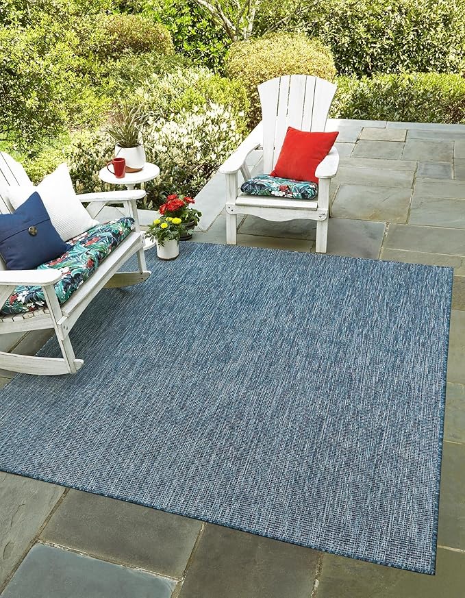 Unique Loom Collection Casual Transitional Solid Heathered Indoor/Outdoor Flatweave Area Rug (13' Square, Blue/Navy Blue) by UniqueLoom