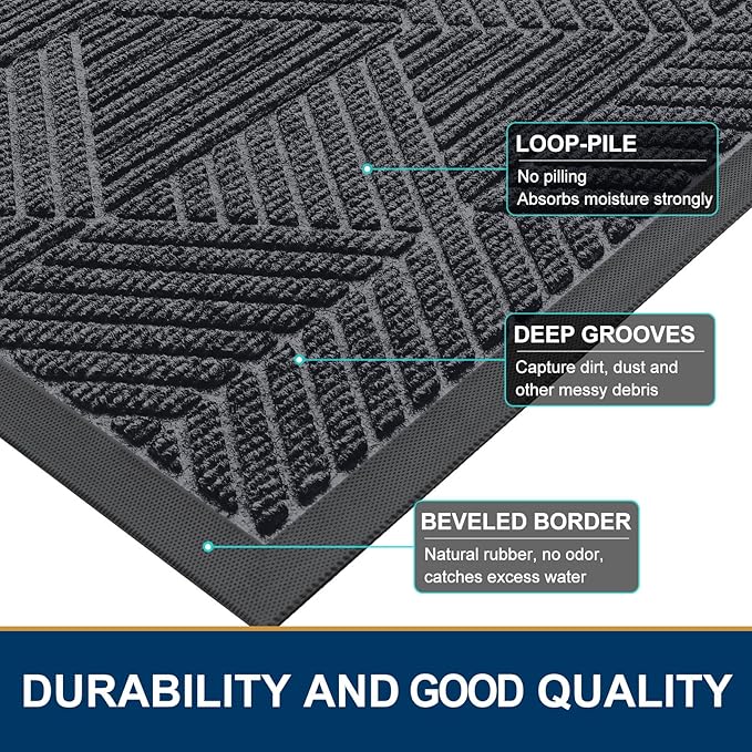 Smiry Front Door Mat Outside Entrance, Heavy Duty Sturdy Natural Rubber Doormat, Trap Dirt and Moisture, Easy Clean Low Profile Mats for Indoor Outdoor Entry, Irregular Triangle (29.5x17, Silver Grey) - Image 4