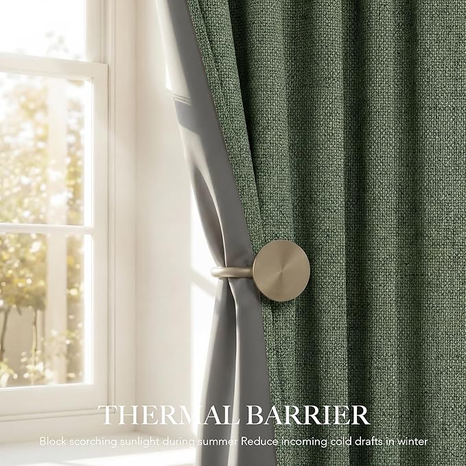 RYB HOME Olive Green 100% Blackout Linen Curtains 96 inches Long, Luxury Thermal Insulated Room Darkening Drapes for Living Room/Bedroom/Sliding Doors, Back Tab&Rod Pocket, W52xL96, 2 Panels - Image 5