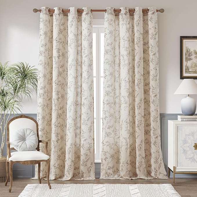 jinchan Floral Linen Curtains for Living Room 96 Inch Length Butterfly Curtain Taupe Floral Curtains French Country Farmhouse Curtain Flower Patterned Drapes Window Treatment Set 2 Panels by JINCHAN