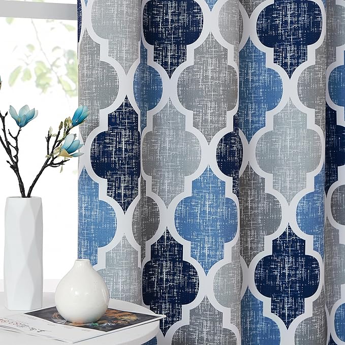 Beauoop 100% Blackout Curtains 108 Inches Long 2 Panels for Bedroom Living Room Blue Grey Moroccan Geo Room Darkening Thermal Insulated Soundproof Grommet Top Window Treatments Drapes, 50x108 Set of 2 - Image 5