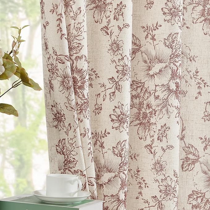 jinchan Linen Blend Curtain Floral Curtains for Living Room 90 Inch Length Farmhouse Brick Red Printed Curtain Rod Pocket Back Tab Peony Flower Patterned Drapes Curtains Set 2 Panels - Image 2