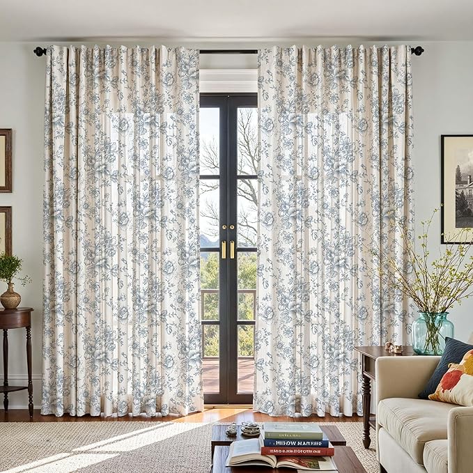 jinchan Linen Floral Curtains Extra Wide for Patio Sliding Glass Door Room Divider Curtain for Living Room 90 Inch Length Farmhouse Peony Blue Printed Curtain Set 1 Panel - Image 5