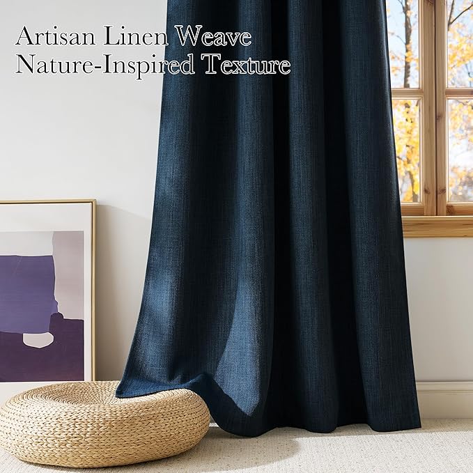 NICETOWN Short Faux Linen Navy Blue Blackout Curtains 63 inches Long for Kitchen - Privacy Panels for Living Room Bedroom, Modern Farmhouse Style Easy Care Grommet Top, 2 Panels, W42 by L63 - Image 3
