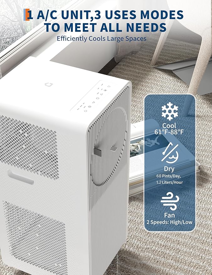 10,000 BTU (ASHRAE) Portable Air Conditioner - 3-in-1 Drainage-Free AC, Dehumidifier & Fan for Rooms Up to 215 Sq.ft, Ultra-Quiet 49dB Sleep Mode, 24H Timer, Remote & Window Kit, White - Image 4
