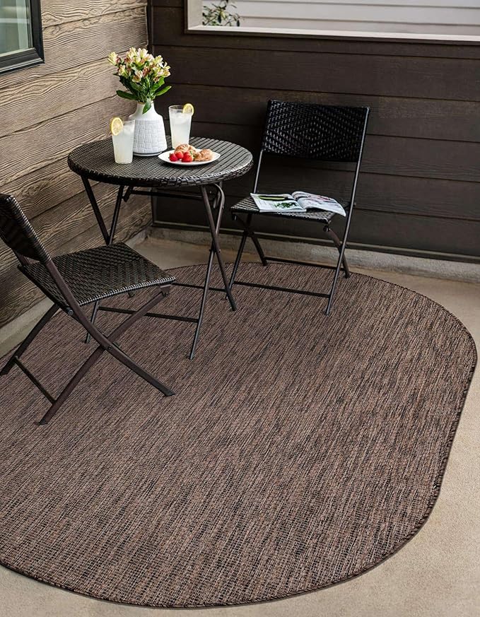 Unique Loom Outdoor Solid Collection Area Rug (5' 3" x 8' Oval Light Brown/Ivory) - Image 4