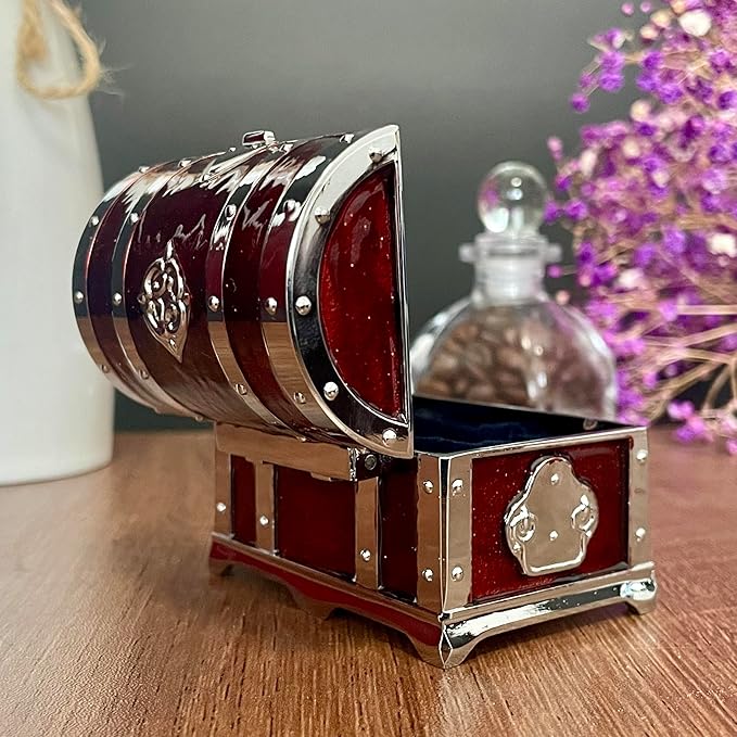 Retro Jewelry Box Arched Vintage Rectangular Metal Chest Necklace Ring Earrings Storage Case for Women Girls (Chrome Transparent Red, S) - Image 5