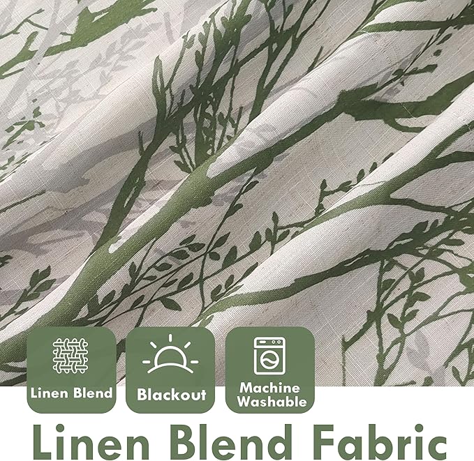 DriftAway Linen Printed Blackout Curtains Tree Branch Pattern Double Layer 90 Inches Long for Bedroom Thermal Insulated Summer Sound Lined Grommet Drapes for Living Room 2 Panels Loden Green/Linen - Image 3