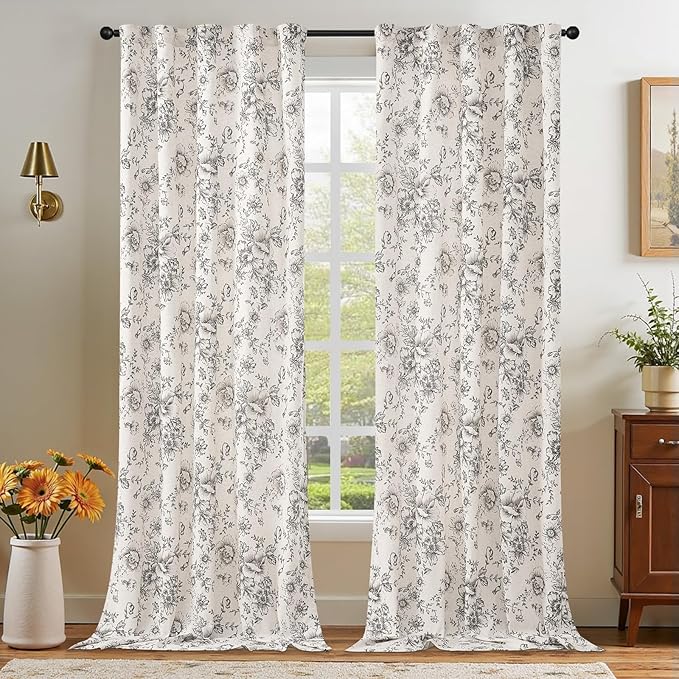 jinchan Linen Blend Curtain Floral Curtains for Living Room 102 Inch Length Black Printed Curtain Rod Pocket Back Tab Farmhouse Peony Flower Patterned Drapes Bedroom Window Curtains Set 2 Panels - Image 7