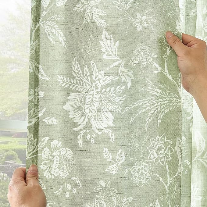 jinchan Linen Floral Curtains for Living Room with Printed Flower 84 Inches Long Light Filtering French Country Back Tab Rod Pocket Sage Green Window Curtain Set Farmhouse Drapes 2 Panels - Image 7