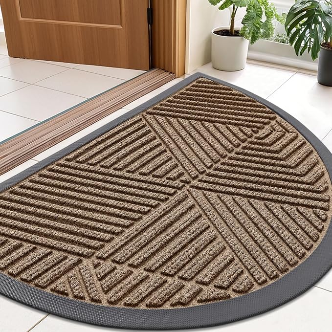 Smiry Half Circle Front Door Mat Outside Entrance, Heavy Duty Sturdy Natural Rubber Doormat, Trap Dirt and Moisture, Low Profile Mats for Indoor Outdoor Entry, Irregular Triangle (35x23, Brown) by Smiry