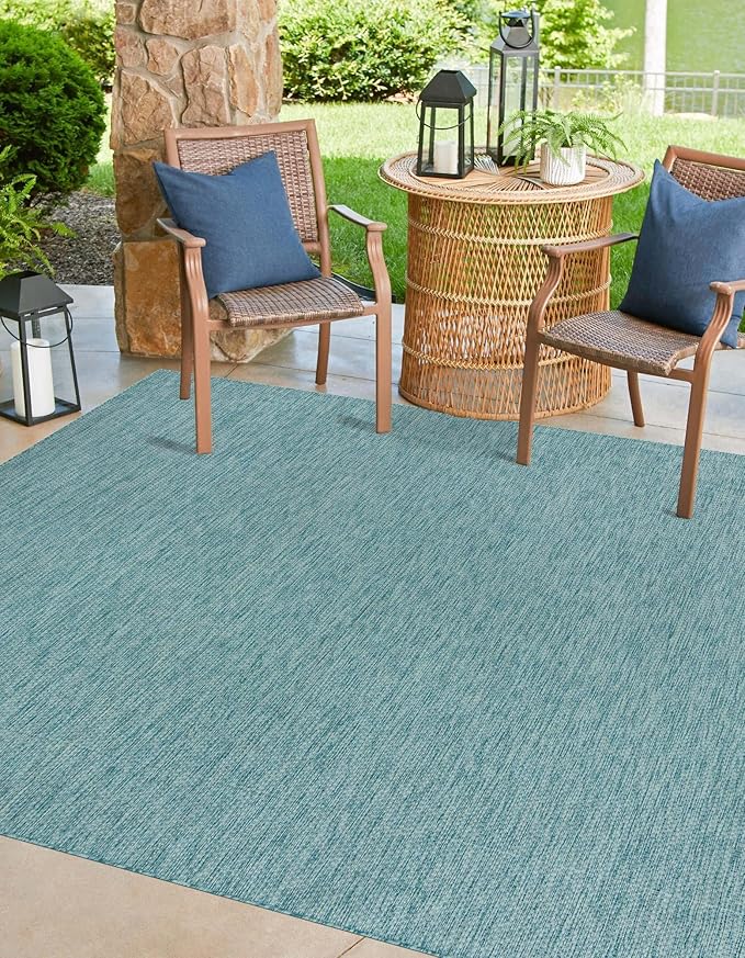 Unique Loom Collection Casual Transitional Solid Heathered Indoor/Outdoor Flatweave Area Rug (10' 8" Square, Aquamarine/Ivory) by UniqueLoom