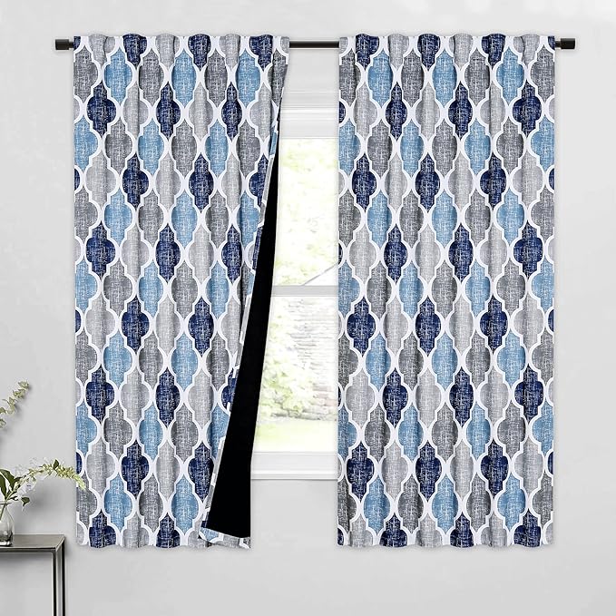 Beauoop 100% Blackout Curtains 63 Inches Long 2 Panels for Bedroom Living Room Blue Grey Moroccan Geo Room Darkening Thermal Insulated Soundproof Rod Pocket Back Tab Window Treatments Drapes, 50x63 by Beauoop