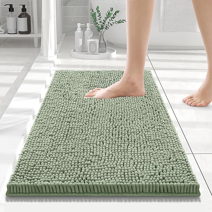 Smiry Luxury Chenille Bathroom Rugs 24x16, Extra Soft and Absorbent Shaggy Bath Mat, Machine Washable, Non-Slip Plush Carpet Runner for Tub, Shower, and Floor, Home Decor Accessories, Sage Green by Smiry