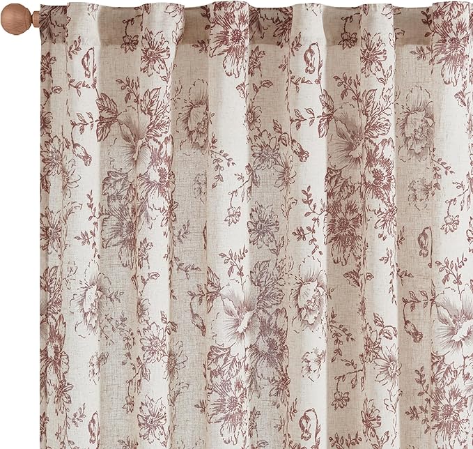 jinchan Linen Blend Curtain Floral Curtains for Living Room 45 Inch Length Farmhouse Brick Red Printed Curtain Rod Pocket Back Tab Peony Flower Patterned Drapes Curtains Set 2 Panels - Image 9