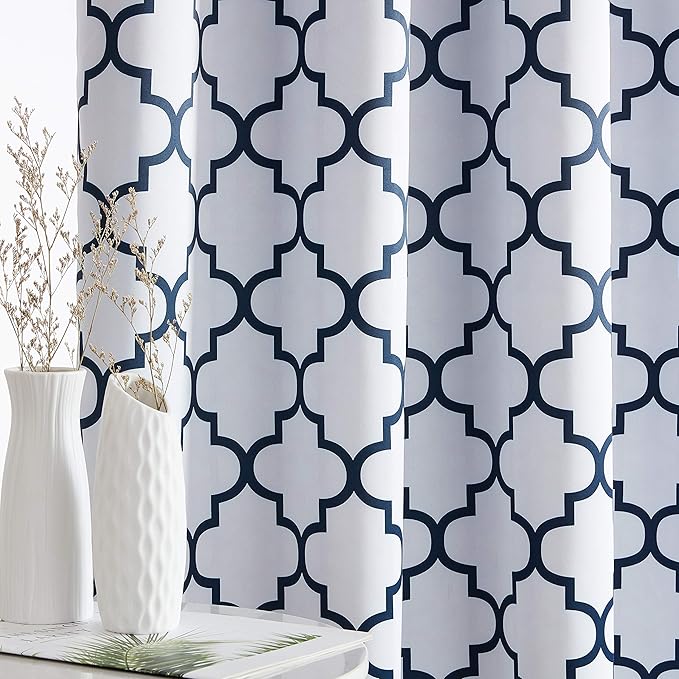 HLC.ME Lattice Print Blackout Curtains Sets for Bedroom - Winter Heat Cooling Window Coverings, Light Blocker Ring Top Drapery for Living Room, Platinum White & Navy Blue, 52 W x 84 L - 2 Panels - Image 4