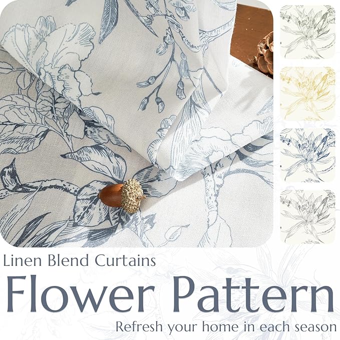 jinchan Floral Curtains 96 Inches Long Blue Flower Linen Farmhouse Curtain for Living Room French Country Vintage Curtain Rod Pocket Curtains Set 2 Panels Blue Floral Printed - Image 4