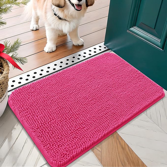 OLANLY Dog Door Mat for Muddy Paws 30x17, Absorbs Moisture and Dirt, Absorbent Non-Slip Washable Doormat, Quick Dry Chenille Mud Mat for Dogs, Entry Indoor Entryway Carpet for Inside Floor, Hot Pink by OLANLY