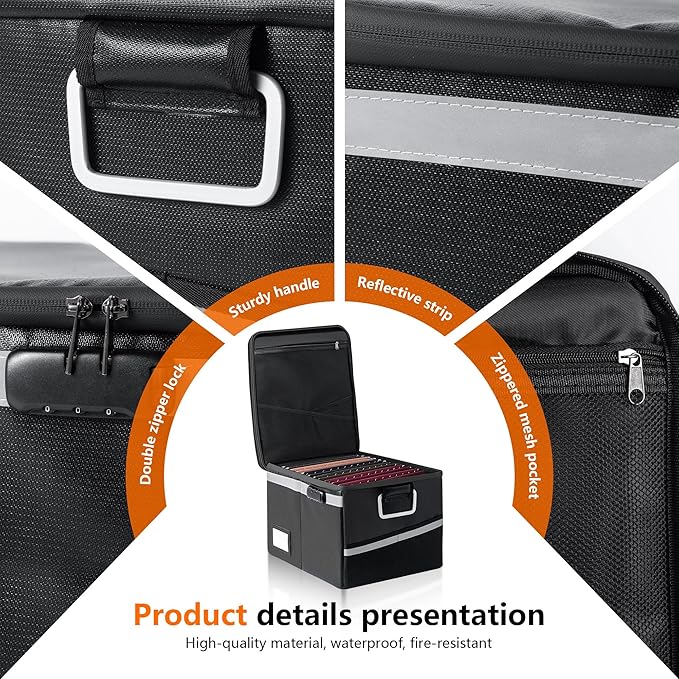 Fireproof Waterproof Document Box with Lock - Collapsible Portable File Organizer Hard Shell Storage for Hanging Letter/Legal Folders Home Office Safe (Black, 15.7x11.2x10.2in) - Image 4