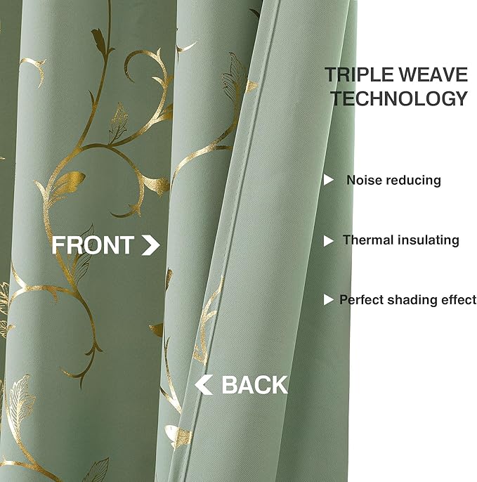 BUHUA Blackout Curtains Gold Foil Print Flower Vine Grommet Drapes, Room Darkening Thermal Insulated Curtains, Noise Reducing Curtain for Bedroom, Sage Green, 52Wx96L, 2 Panels - Image 5
