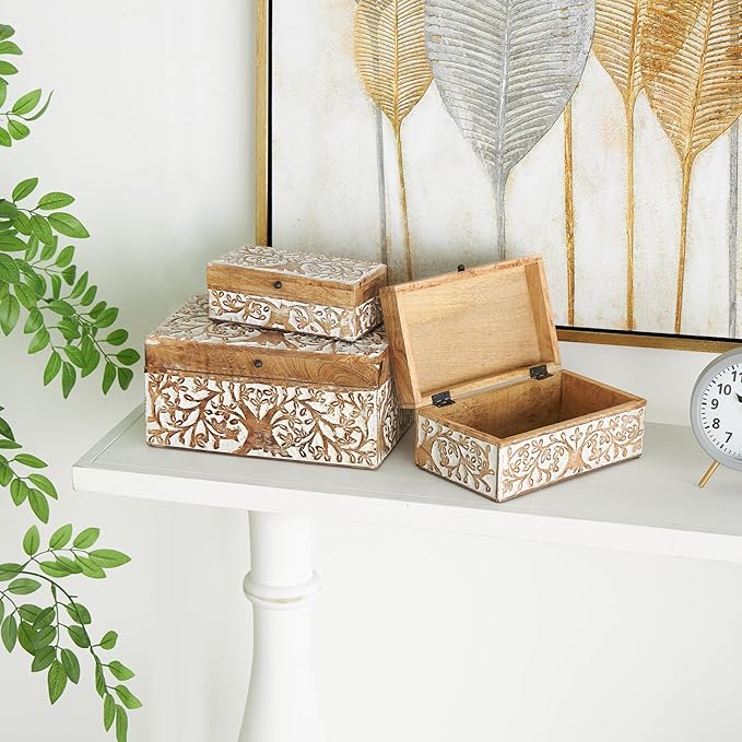Deco 79 Mango Wood Floral Decorative Box Decorative Keepsake Boxes with Hinged Lid, Set of 3 Storage Boxes 8", 10", 12"W, Brown - Image 3