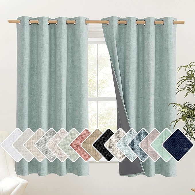 NICETOWN 100% Absolutely Blackout Linen Curtains with Thermal Insulated Grey Liner, Seafoam Green, 52 inches Wide, 48 inches Length Energy Saving Curtains for Laundry 2 Panels Set, Vertical Blinds by NICETOWN