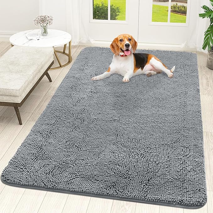 OLANLY Dog Door Mat for Muddy Paws 59x35, Absorbs Moisture and Dirt, Absorbent Non-Slip Washable Doormat, Quick Dry Chenille Mud Mat for Dogs, Entry Indoor Entryway Carpet for Inside Floor, Grey by OLANLY