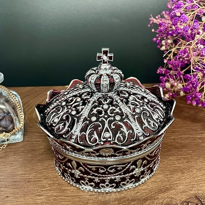 Crown Shape Jewelry Chest,Yurt Style Vintage Metal Gem Box,Round Alloy Retro Patterned Storage Case (Chrome Red, L) - Image 2
