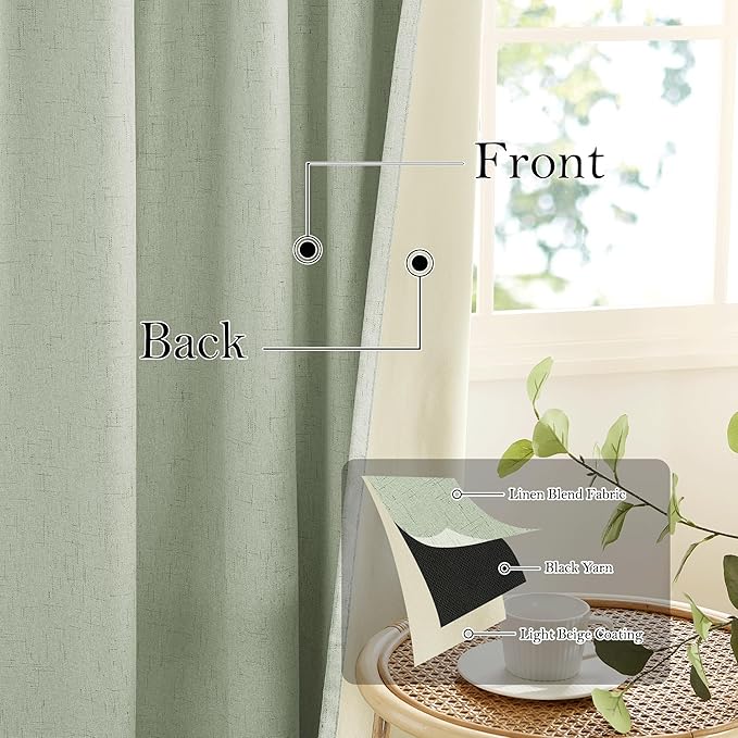 RYB HOME 100% Blackout Sage Green Linen Curtains, Light & Heat Blocking Thermal Privacy Protection Neutral Window Drapes for Living Room Bedroom, 52" W x 90" L, 2 Panels Set - Image 3