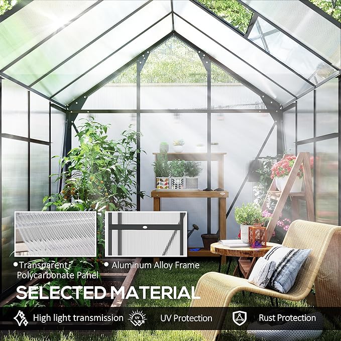 Outsunny 6' x 8' Greenhouse for Outdoors, Polycarbonate Greenhouse with Rain Gutter and Roof Vent, Aluminum Walk-in Green Houses for Outside for Patio Backyard Garden, Gray - Image 4