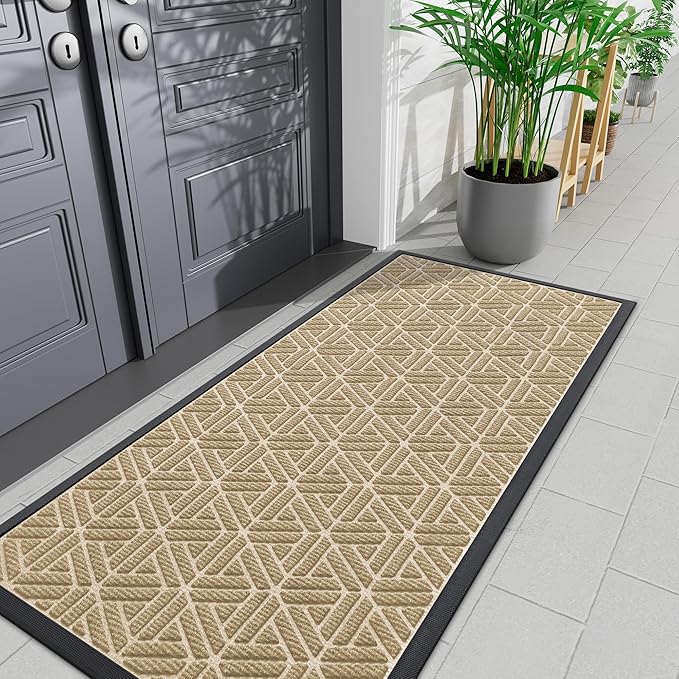 Smiry Front Door Mat Outside Entrance, Heavy Duty Sturdy Natural Rubber Doormat, Trap Dirt and Moisture, Easy Clean Low Profile Mats for Indoor Outdoor Entry, Grid Geometric (71x23, Beige) by Smiry