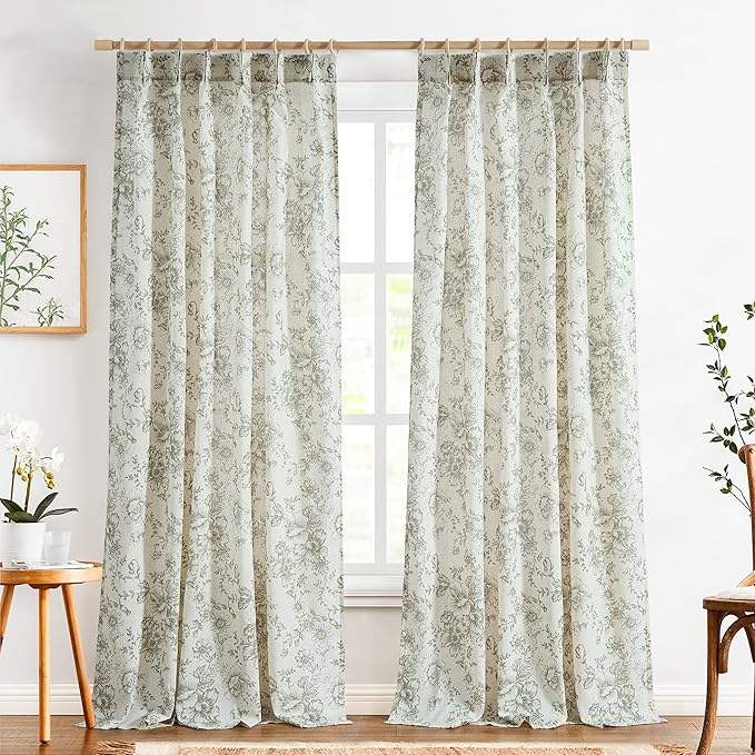 jinchan Pinch Pleated Curtains Floral Linen Blend Curtains for Living Room 96 Inches Length Green Peony Flower Printed Curtain Rod Pocket Back Tab Farmhouse Drapes with Hooks Set 2 Panels - Image 2