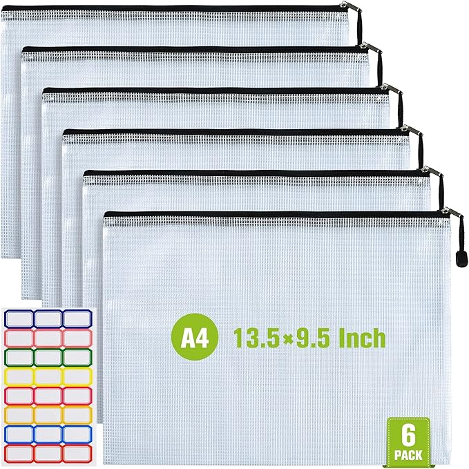 Mesh Zipper Pouch, 6PCS Waterproof Plastic Mesh ZipperBag, A4 Size Tear-Resistant Document Pouch, Extra Large Zip File Bags, for School Office Supplies Home Travel Storage(13.5×9.5 Inch) by AstenInc