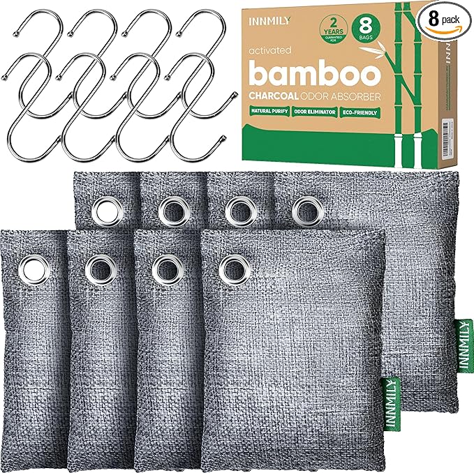 Activated Charcoal Odor Absorber, 8 Pack w Hooks Nature Odor Eliminator for Strong Odor, Bamboo Charcoal Air Purifying Bags, Moisture Absorbers for Fresh Home Car Closet Pet, Smoke Smell Deodorizer by Innmily