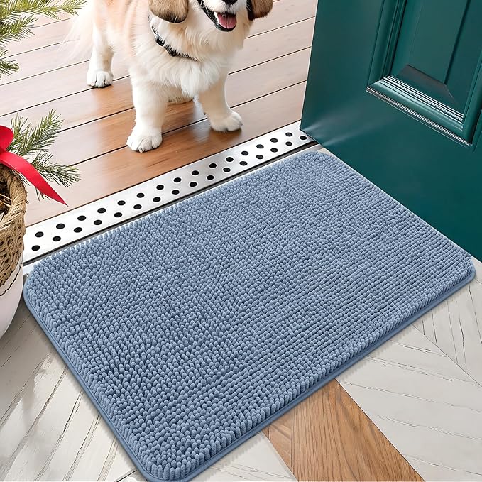 OLANLY Dog Door Mat for Muddy Paws 24x16, Absorbs Moisture and Dirt, Absorbent Non-Slip Washable Doormat, Quick Dry Chenille Mud Mat for Dogs, Entry Indoor Entryway Carpet for Inside Floor, Airy Blue by OLANLY