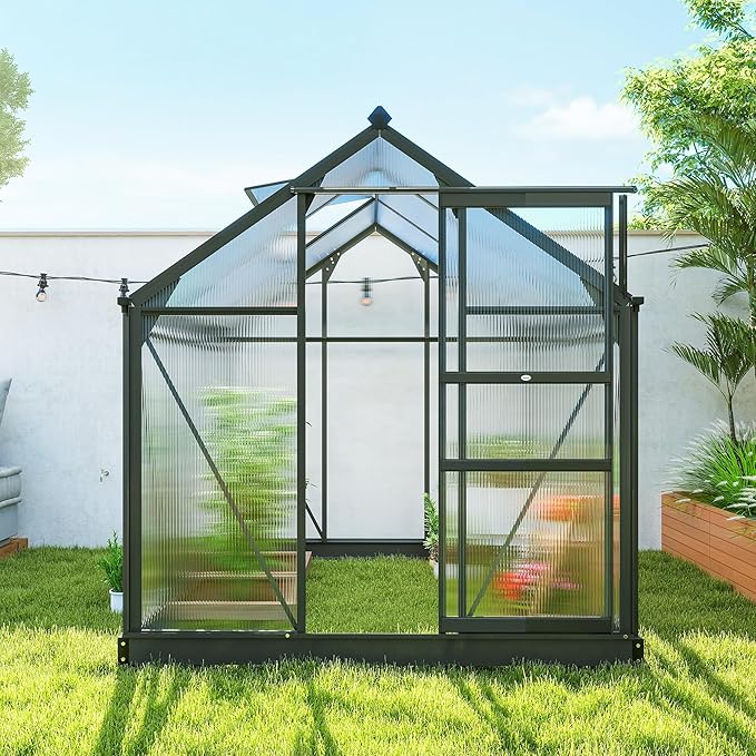 Outsunny 6' x 6' Greenhouse for Outdoors, Polycarbonate Greenhouse with Rain Gutter and Roof Vent, Aluminum Walk-in Green Houses for Outside for Patio Backyard Garden, Gray - Image 9