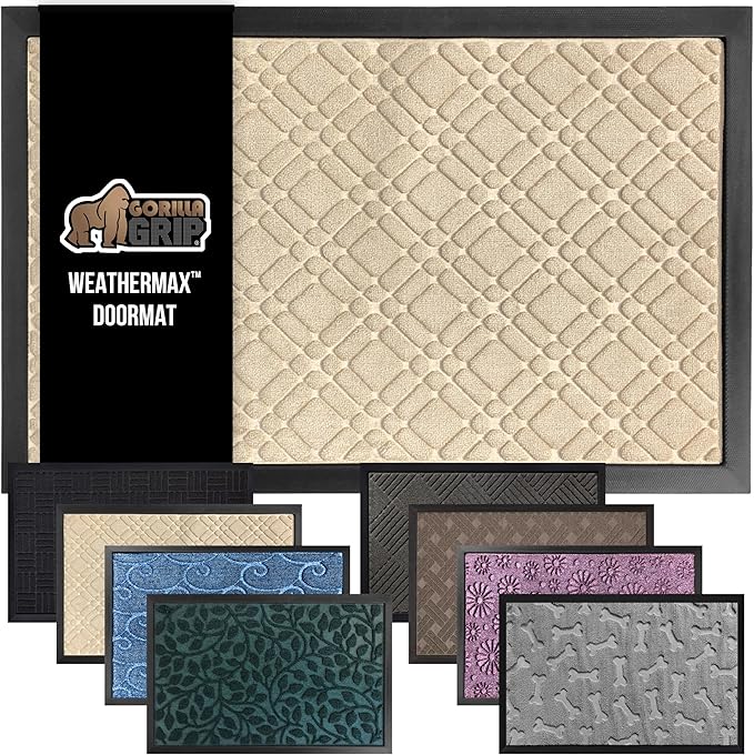 GORILLA GRIP 100% Waterproof All-Season WeatherMax Doormat 35x23, US Designed Natural Rubber, Stain and Fade Resistant, Low Profile Indoor Outdoor Door Mats, Easy Clean Patio Mat, Modern Latte by GorillaGrip