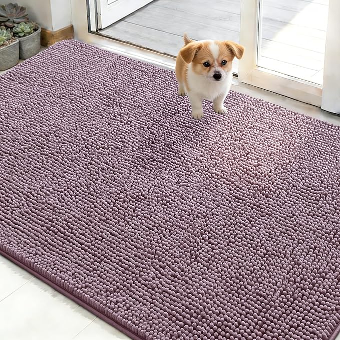 OLANLY Dog Door Mat for Muddy Paws 48x30, Absorbs Moisture and Dirt, Absorbent Non-Slip Washable Doormat, Quick Dry Chenille Mud Mat for Dogs, Entry Indoor Entryway Carpet for Inside Floor, Deep Plum by OLANLY